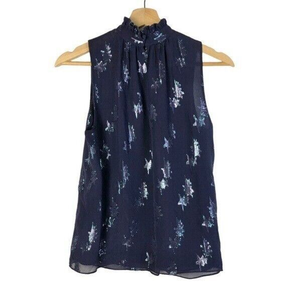 Rebecca Taylor Navy Blue Metallic Star High Neck Silk Sleeveless Blouse 4 - Picture 3 of 5